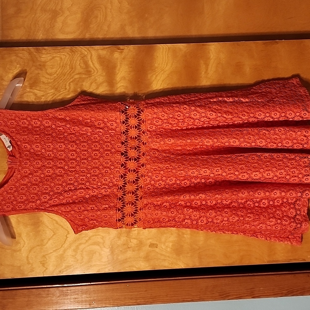 Iris Lace Mini Dress Keyhole Waistline Orange Lace Lined Boho Size XL